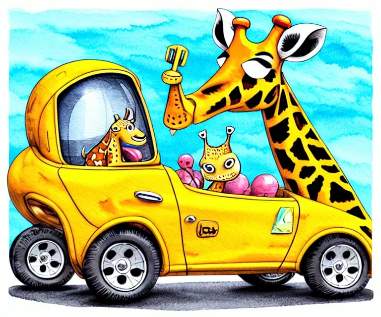 Prompt: cute and funny, giraffe wearing a helmet riding in a tiny hot rod with oversized engine, ratfink style by ed roth, centered award winning watercolor pen illustration, isometric illustration by chihiro iwasaki, edited by range murata, tiny details by artgerm and watercolor girl, symmetrically isometrically centered