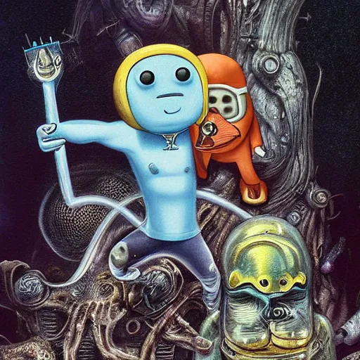 Image similar to adventure time with finn and jake detailed airbrush photograph by h. r. giger