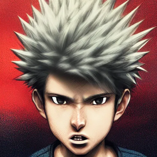 Image similar to boy with spikey hair and thunder powers in kohei horikoshi art, with thunderstorms, 8 k, dark colors, detailed face, details, sharp smooth, aykut aydogdu