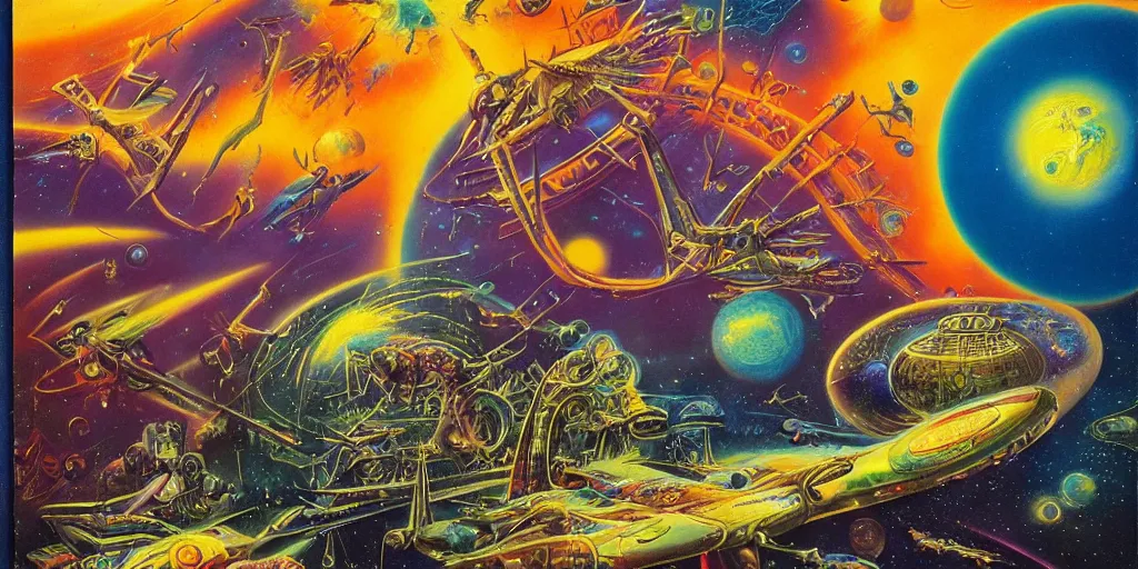 Prompt: Intergalactic dreams by Alex Grey, Paul Lehr, Ron Walotsky, Bruce Pennington and James Gurney