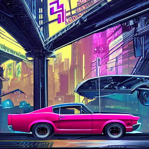 Image similar to a highly detailed matte painting of a neon colored batmobile in a 1 9 6 7 ford mustang fastback, vector art, art by artgerm and greg rutkowski and alphonse mucha, cyberpunk city, rainy city streets, god rays, intricate detail, cinematic, 8 k, cel shaded, unreal engine, featured on artstation, pixiv