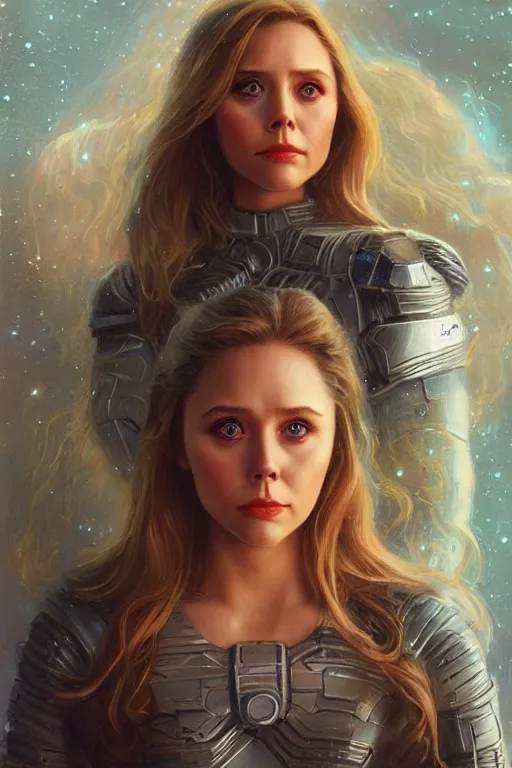 Image similar to young Elizabeth Olsen as a ruggedly beautiful retro SCI-FI space heroine 1985 , intricate, elegant, highly detailed, centered, digital painting, artstation, concept art, smooth, sharp focus, illustration, art by artgerm and donato giancola and Joseph Christian Leyendecker, Ross Tran, WLOP