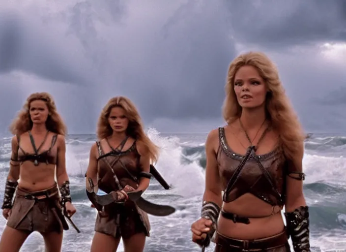 Image similar to film still charlie's angels ( 1 9 7 6 ) as a viking women with weapons, wearing skin - tight futuristic valkerie bikinis, rough seas in background, lightning storms, water world, mad max, hyper - realistic, highly detailed, accurate, 8 k octane render, 2 8 mm, wide angle, rule of thirds