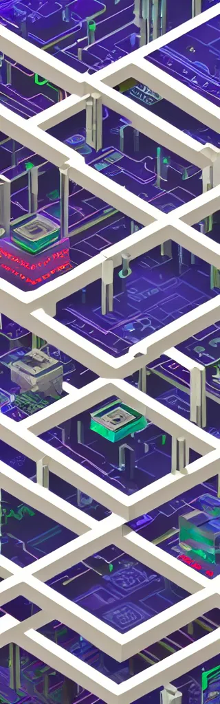 Image similar to a digital matte painting of a complex isometric architecture made of circuit boards and embedded LEDs in a busy modern city, #isometric