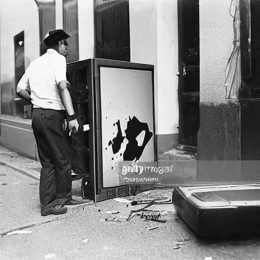 Prompt: a guy push a tv on town, crime scene photograph