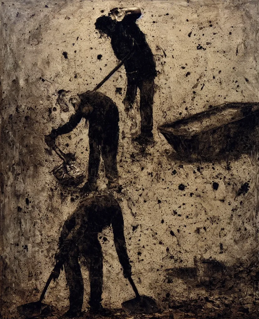 Image similar to a man with a shovel standing digging up a grave with a dead body, by Nicola Samori, painting, 8k, high detail