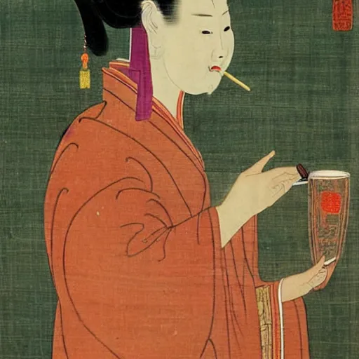 Prompt: the Chinese ancient painting of a lady drinking beer in Tang Dynasty , by Han Xizai