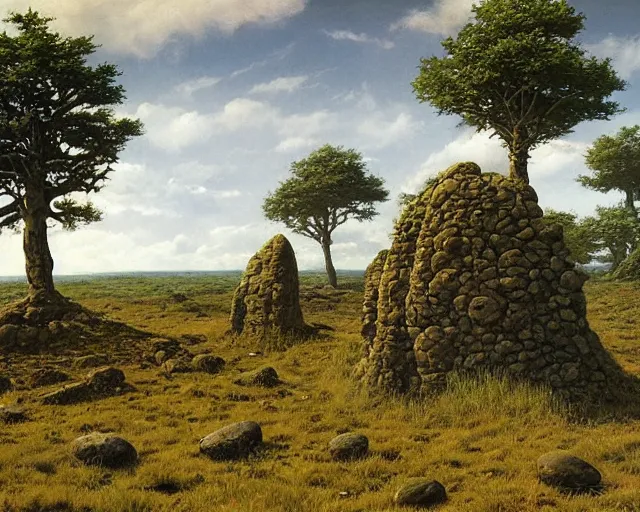 Prompt: a swampy hill landscape with a circle of large stones in the shape of a finger, by ted nasmith