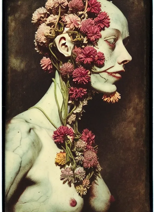 Prompt: beautiful and detailed rotten woman made of plants and many types of flowers like carnation, chrysanthemum and tulips, anatomical, 🫀, intricate, organs, ornate, surreal, john constable, guy denning, gustave courbet, caravaggio, romero ressendi 1 9 1 0 polaroid photo