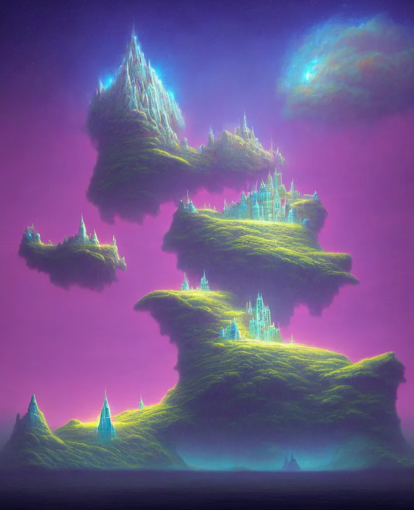 Image similar to an ultra detailed midjourney concept digital art painting of a singular floating island with a castle, flying citadel levitating across space in a misty pearlescent nebula by paul lehr kazumasa uchio situated in a starry expanse of bioluminescent cosmic worlds by beksinski and beeple, ecological art, flying citadel with towers, trending on artstation