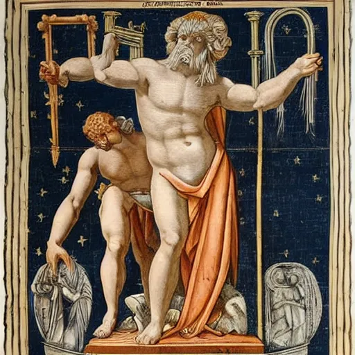 Prompt: zeus et jupiter in arte graphicali recenti depictum, illustrem insignem indolem designans, art of older deities