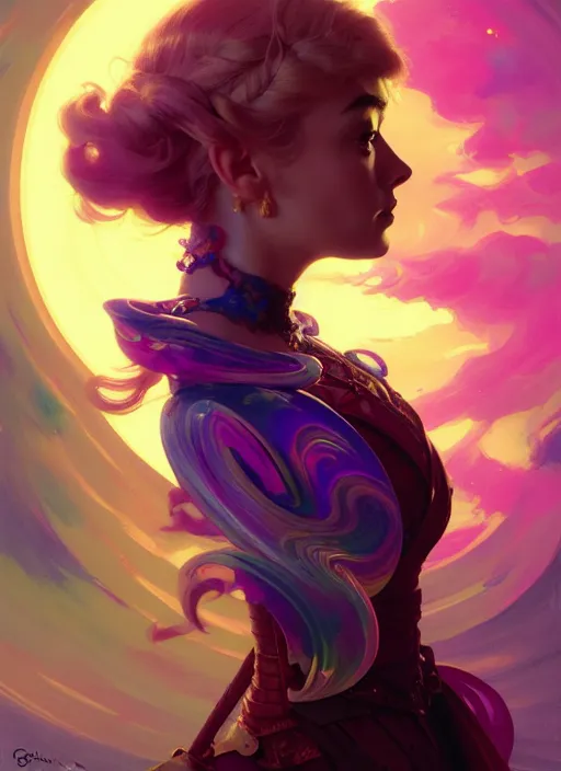 Prompt: side portrait, imogen poots, paladin, fantasy, gloomhaven, luminescent, colorful swirly ripples, gaudy colors, by greg manchess, huang guangjian, gil elvgren, sachin teng, greg rutkowski, jesper ejsing, ilya kuvshinov