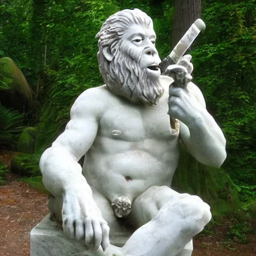 Image similar to a marble statue of Sasquatch smoking a joint