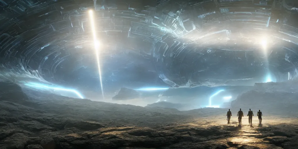 Image similar to ancient alien portal, crowd of androids, beams of light from sky, wormhole, matte painting, dreamscape, global illumination, the great beyond, trending on artstation