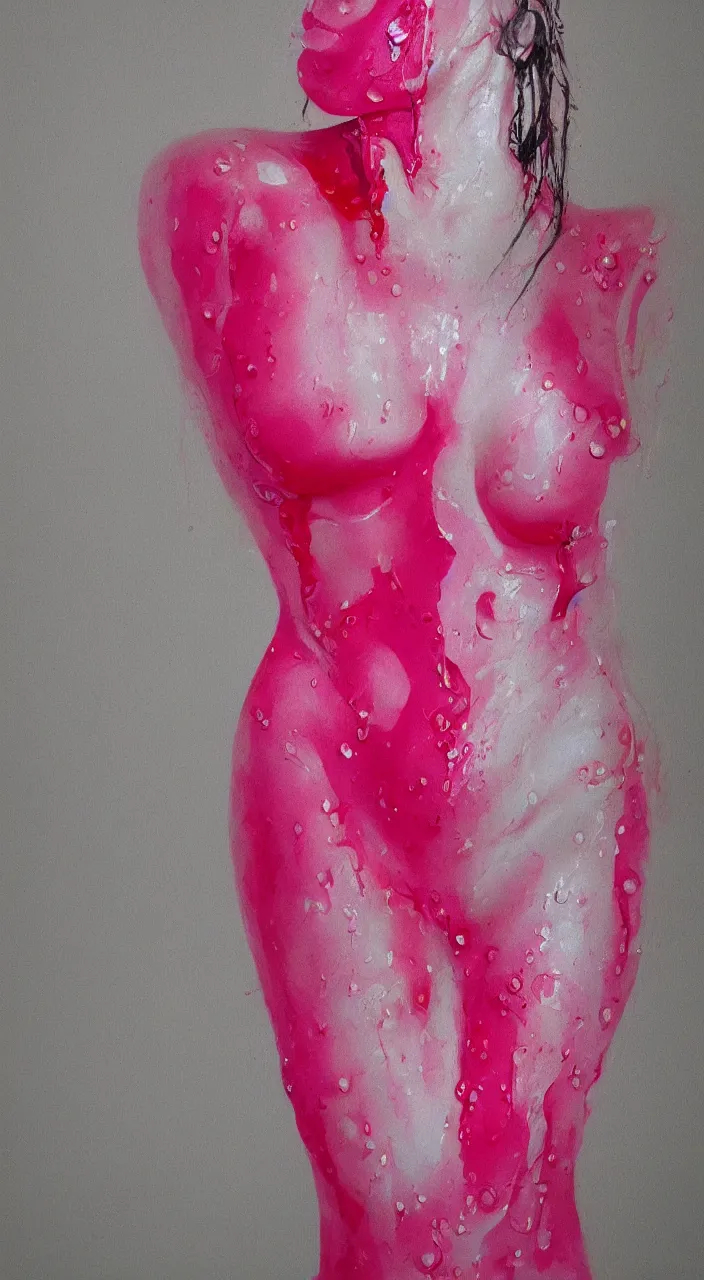 Prompt: dripping pink paint on the figure of a human woman, realistic, with high detail, on a white background,