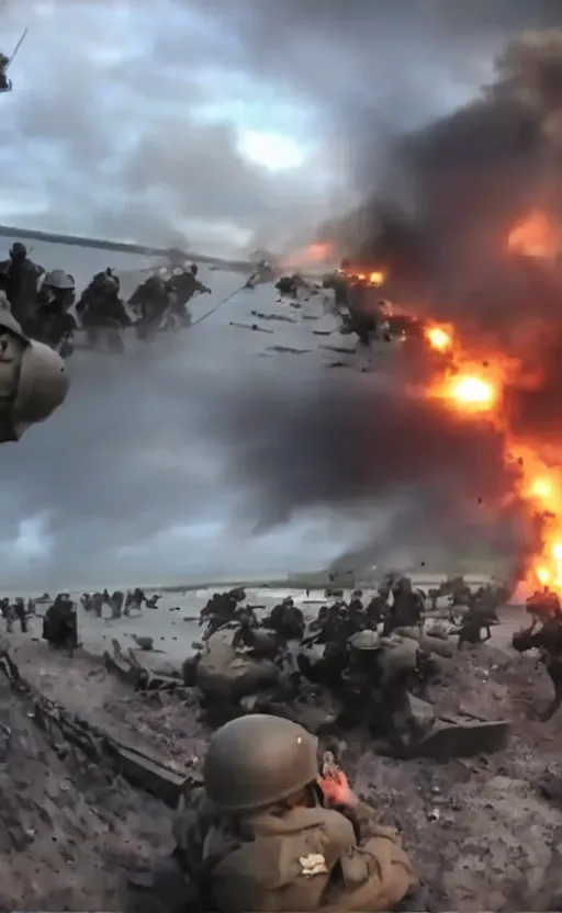 Image similar to gopro footage of d - day, solldiers, explosions, ultra realistic, cinematic, lighting, terrifying,