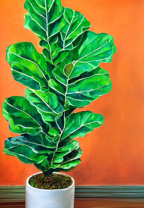 Prompt: wide - angle painting of a fiddle leaf fig, light room with sharp colors, highly detailed, beaultiful