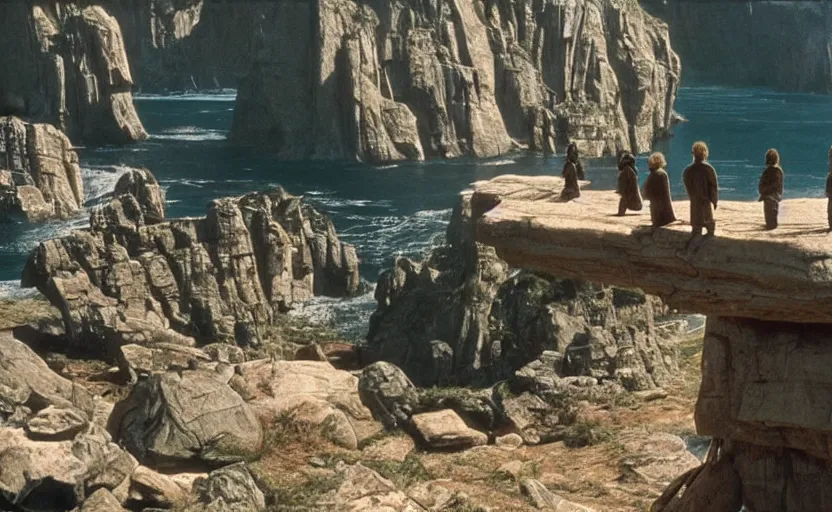 Prompt: screenshot of Luke Skywalker on a cliff teaching a class of young padawans outside a rocky Jedi Temple scene from The Force Awakens, 1980s film by Stanley Kubrick, serene, iconic scene, Mark Hammil portrait, stunning cinematography, hyper-detailed, sharp, anamorphic lenses, kodak color film, 4k