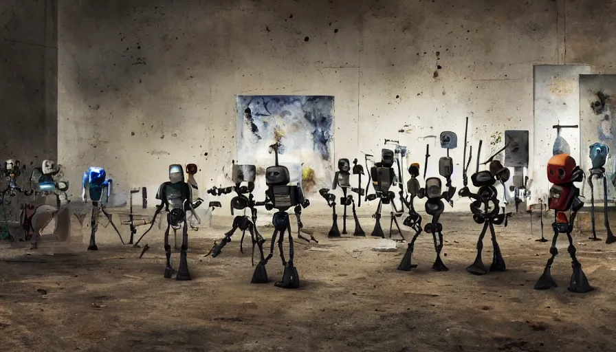 Image similar to robots in an abandoned decrepit art gallery, robots stand in front of landscape paintings, robots holding paintbrushes and easels, landscape paintings on canvas with robots, 4 k, dramatic lighting, cinematic lighting, robot painter