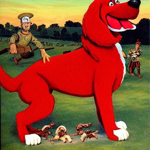 Prompt: clifford the big red dog invading at the battle of normandy, historical photo