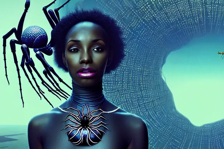 Image similar to realistic detailed photorealistic film portrait shot of a beautiful black woman with a giant spider, sci-fi city landscape background by Denis Villeneuve, Amano, Yves Tanguy, Alphonse Mucha, Ernst Haeckel, Andrei Tarkovsky, Edward Robert Hughes, Roger Dean, necklace, dynamic pose, rich moody colours, wide angle, blue eyes