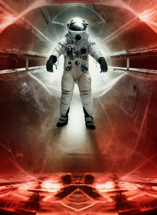 Prompt: symmetry poster art by craig mullins astronaut in futuristic dark and empty spaceship underwater. infrared glowing lights. complex and hyperdetailed technical suit. reflection and dispersion materials. rays and dispersion of light. volumetric light. 5 0 mm, f / 3 2. noise film photo. flash photography. unreal engine 4, octane render. interstellar movie poster