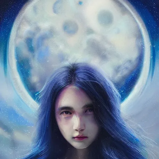 Image similar to 3 d, sci - fi, night, moon, moon rays, smiling fashion model face, cinematic, clouds, vogue cover style, blue mood, realistic painting, intricate oil painting, high detail illustration, figurative art, multiple exposure, poster art, 3 d, by tooth wu and wlop and beeple and greg rutkowski
