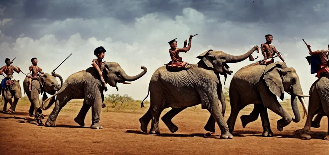 Prompt: the elephant duel of king naresuan of ayutthaya versus crown prince mingyi swa of burma in burmese - siamese war, warlords ride on the armor elephants, a colorized photo, colorized, # film, movie still