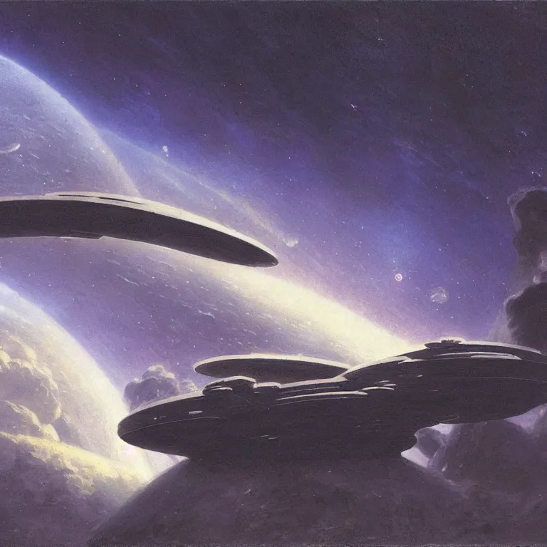 Image similar to a spaceship in low atmosphere, concept art, by carl gustav carus, by john harris