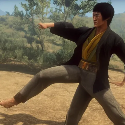 Prompt: Film still of Bruce Lee, from Red Dead Redemption 2 (2018 video game)