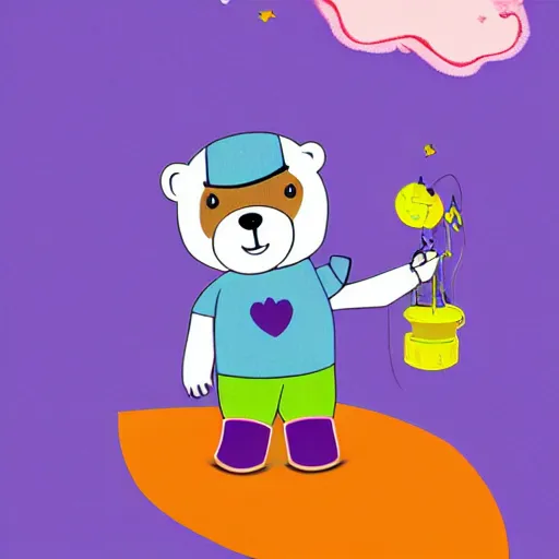 Image similar to cartoon bear wearing clothes being launched out of a futuristic machine into a purple and orange cloud land