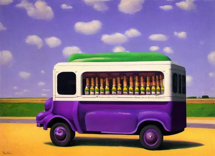 Image similar to a purple and green ice cream van that sells snake oil instead of ice cream, snake oil salesman selling little brown bottles of medicine, snake van, painting by René Magritte, Edward Hopper, 3D rendered