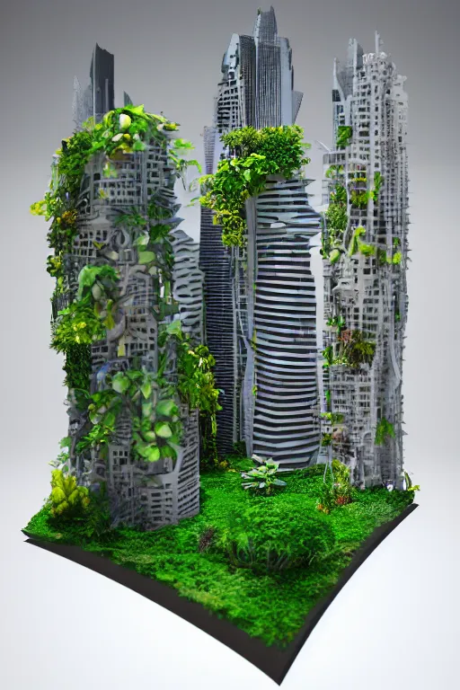 Image similar to 3 d printed physical model organic flowy including more than one city into one vertical building model that sits on a table in a room with a viewand lights in the back, multiple stories, transparent, with vegetation, colorful, eye - level view, 8 0 k, octane render, highly detailed 3 d render,