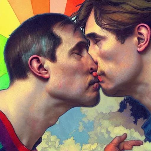 Image similar to Putin kissing his twin Putin wearing a rainbow shirt, LGBTQ, highly detailed, digital painting, artstation, concept art, sharp focus, illustration, art by greg rutkowski and alphonse mucha