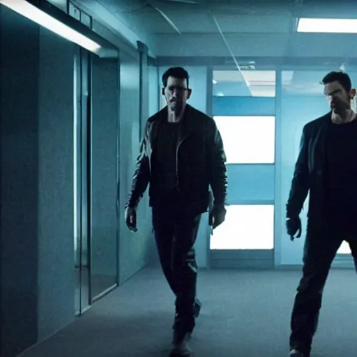 Prompt: a 4 k cinematic still portrait of the punisher and daredevil breaking into the office from a gritty cyberpunk 2 0 0 0 s james cameron movie about spider - man. realism, cinematic lighting, 4 k. 8 mm. grainy. panavision.