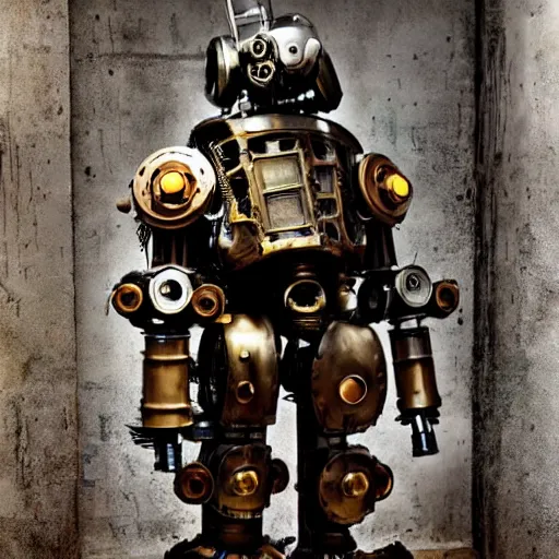 Image similar to real steampunk mech suit with cyberpunk background, photography by annie leibovitz