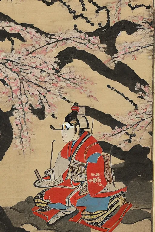 Prompt: an ancient scroll painting of a samurai with a smartphone in his hand sitting under a sakura tree