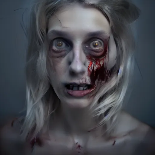 Image similar to Portrait of a Zombie woman, concept art, ultra realism, photo realistic, cgsociety, octane render, artstationHD, artstationHQ, unreal engine, 4k, 8k