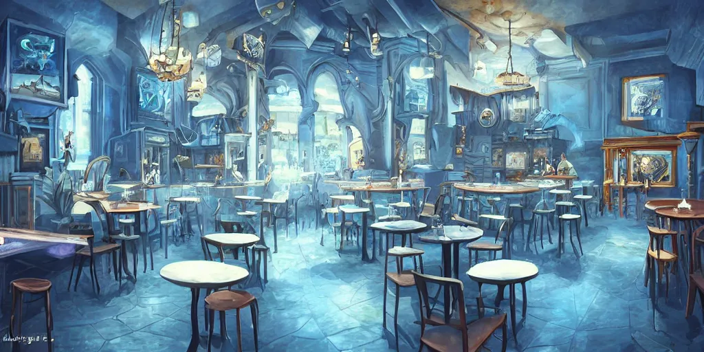 Image similar to cafe interior, blue tones, fantasy art, 2 d game art