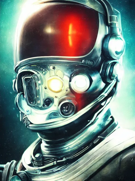 Image similar to portrait art of 8k ultra realistic retro futuristic terminator astronaut helmet, lens flare, atmosphere, glow, detailed,intricate,blade runner, cybernetic, full of colour, cinematic lighting, trending on artstation, 4k, hyperrealistic, focused, extreme details,unreal engine 5, cinematic, masterpiece, art by ayami kojima, giger