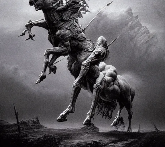 Image similar to centaur concept, bottom of the horse, upper torso of an armored warrior, beksinski, wayne barlowe, adrian smith fantasy art, the hobbit art, lord of the ring art, the witcher concept art, trending on artstation, game of throne art