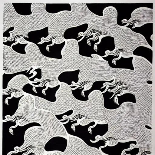 Image similar to white wolves transitioning into black geese by mc escher, aerial view, scared black geese flying, angry white wolves with teeth, hexagonal pattern, intricate details, ink shading, ink dots, mathematical interlocking, screen print, frameless