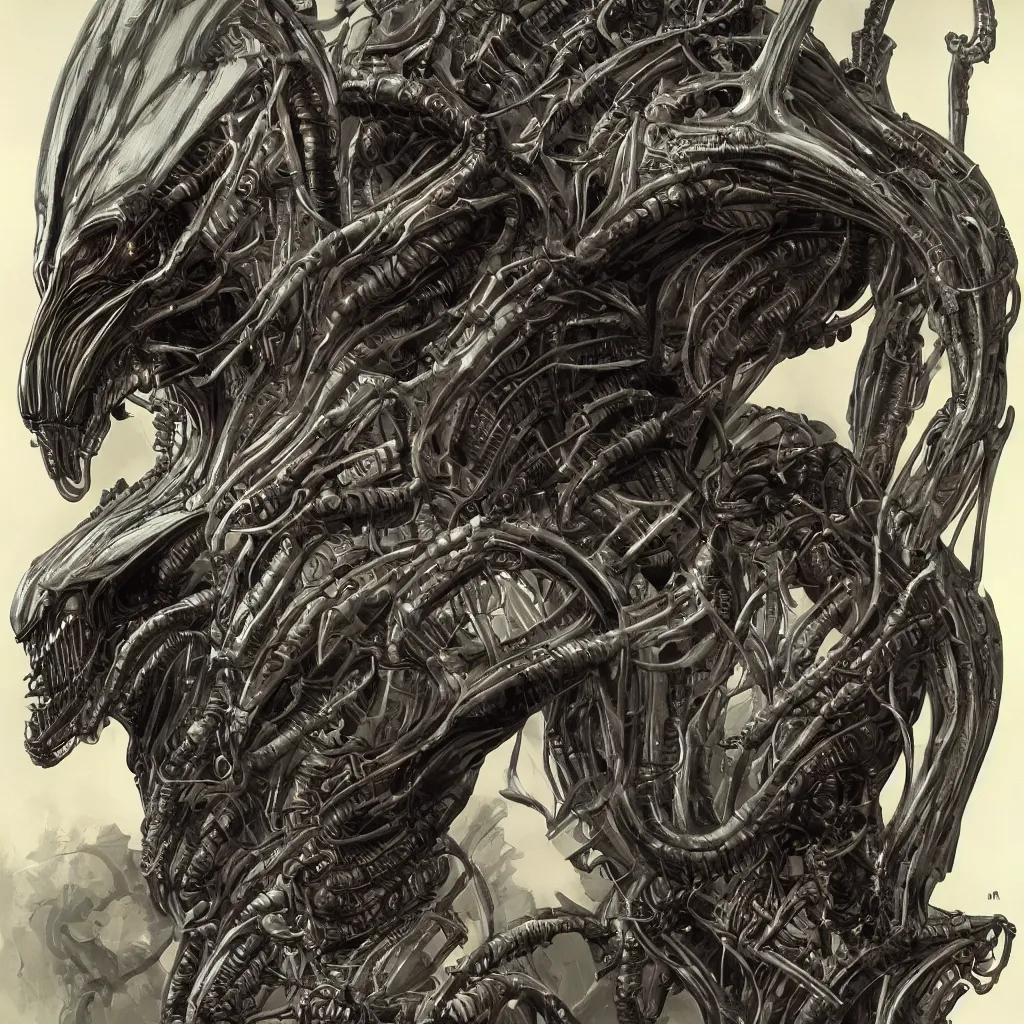 Prompt: a portrait of a biomech xenomorph human, 80s, air brush style, science fantasy, symmetry accurate features, very intricate details, artstation, jim bush, vincent di fate