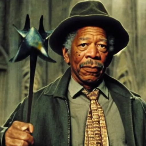 Image similar to still of morgan freeman in harry potter as harry holding a wand