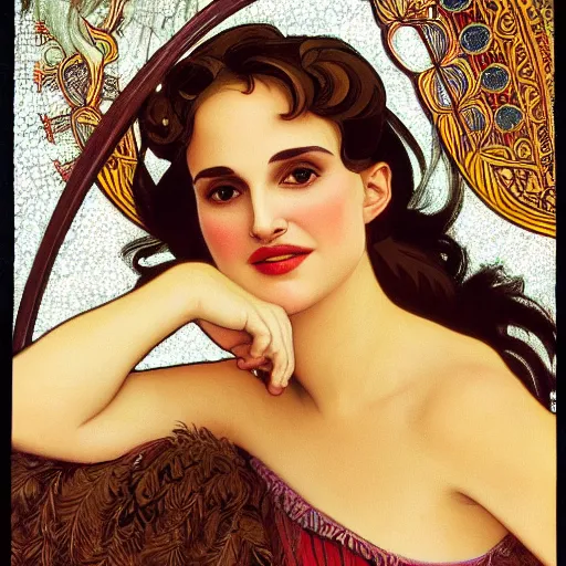Prompt: a stylized closeup portrait of a young natalie portman, hair in arabesque forms, art nouveau, jugendstil, decorative background, painted by alphonse mucha