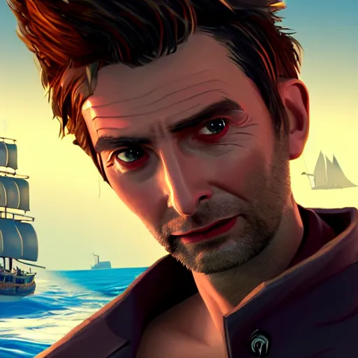 Image similar to david Tennant in the Sea of thieves, ultra detailed, sharp focus, art by artgerm, 8k, game screenshot, hyperrealistic