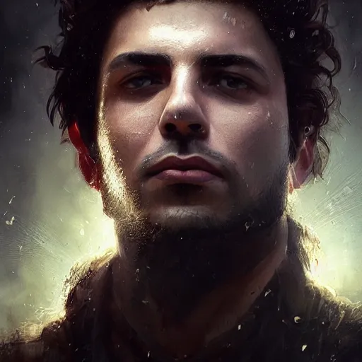 Image similar to Portrait of David Yousefi ,Composer, heroic, tricolor background, amazing splashscreen artwork, splash art, head slightly tilted, natural light, elegant, intricate, fantasy, atmospheric lighting, cinematic, matte painting, detailed face, by Greg rutkowski