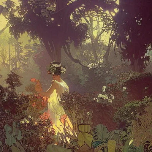 Prompt: Concept art, A garden at dusk, 8k, alphonse mucha, james gurney, greg rutkowski, john howe, artstation