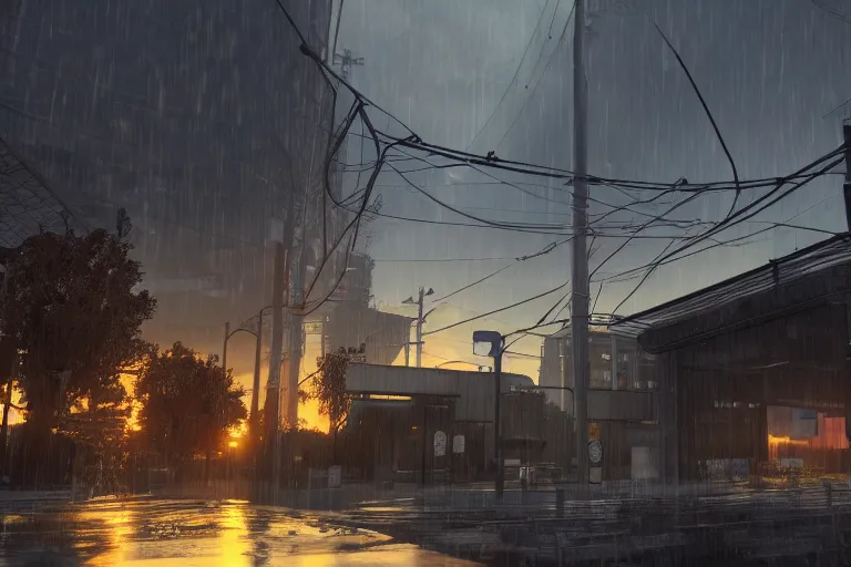 Image similar to half life 3 combine controlled suburbs, cityscape, sunrise, moody, raining, hd, 4k, photorealistic