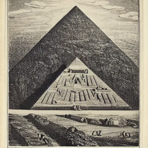 Image similar to A 1780s etching of a barren landscape dominated by an unfinished pyramid of 13 steps, topped by the Eye of Providence within a triangle. Roman numerals are engraved at the base of the pyramid.